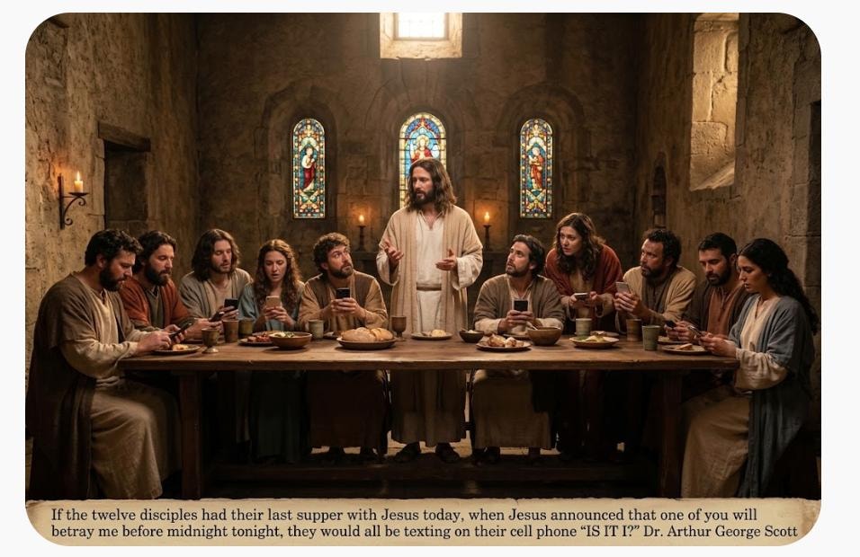 If the twelve disciples had their last supper with Jesus today, they would all be texting on their cell phones — Dr. Arthur George Scott